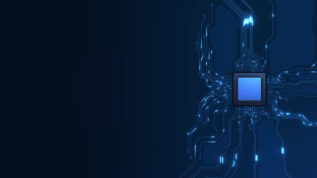 Blue Microchip Circuit Technology Modern processor lines spreading technology background computing power data flow. semiconductor tech presentations, cybersecurity promos, hardware ads, innovation 3D