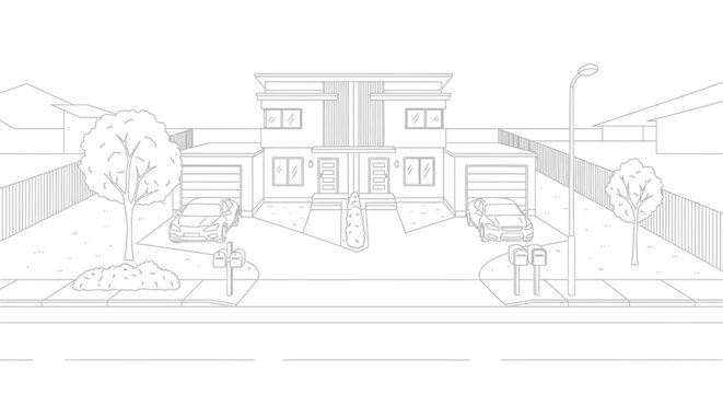 Modern duplex house on a suburban street, minimalist line drawing