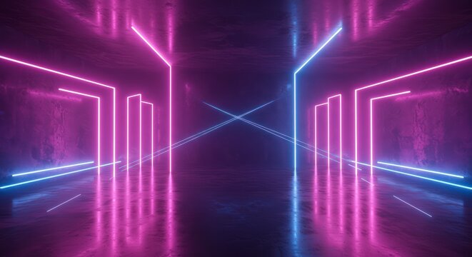 Neon lights in dark tunnel.