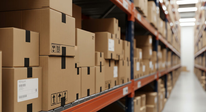 Rows of shelves stacked with neatly organized cardboard boxes in a warehouse storage facility