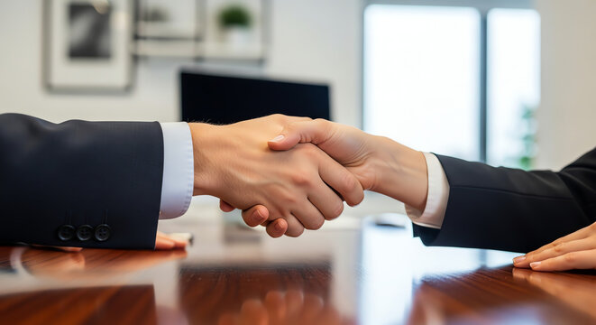 Business professionals shaking hands in a modern office setting