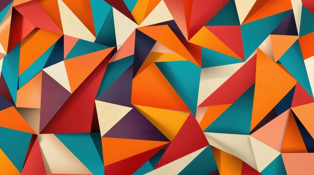 A vibrant and colorful abstract geometric pattern composed of many interconnected triangle shapes isolated on white background