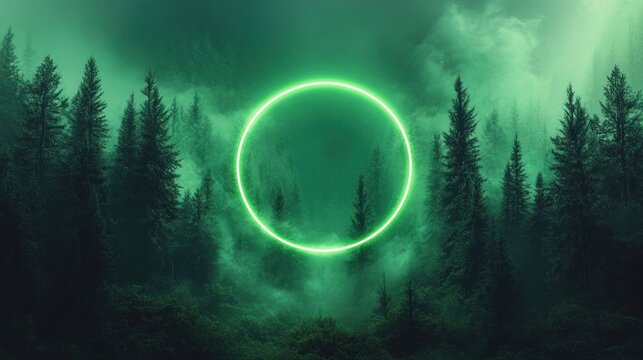 Glowing neon green ring hovering above a fog-shrouded pine forest, creating an eerie mystical atmosphere