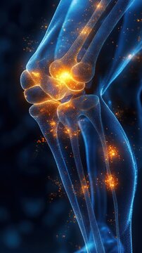 translucent blue knee joint anatomy with glowing orange inflammation hotspots and drifting sparks, conveying intense pain and dynamic scientific energy