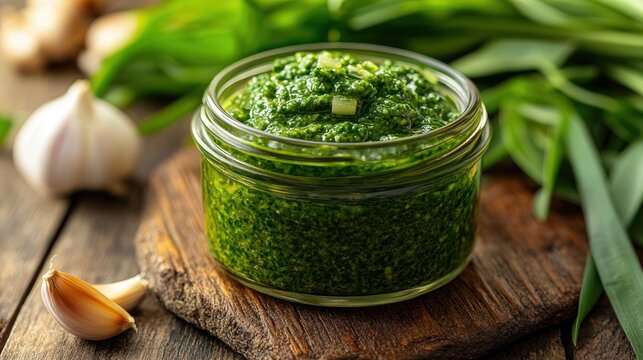 jar of vibrant green herb pesto on a rustic wooden board with garlic cloves and fresh leaves, appetizing and fresh
