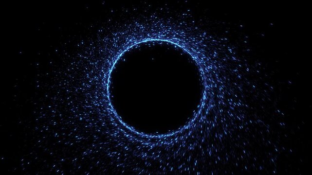 Glowing blue particles swirling into circular vortex ring background. energy sparkling light trails futuristic cosmic . technology sci fi graphics, digital animations, space themes cinematic effects.