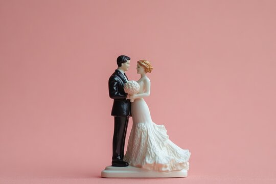 Miniature bride and groom figurines holding a bouquet on a soft pink background, romantic wedding sentiment