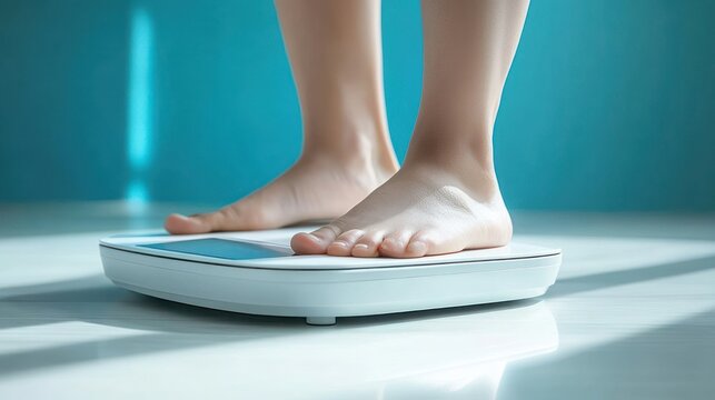 bare feet standing on a sleek digital bathroom scale on a glossy floor, calm anticipation and focused self-care