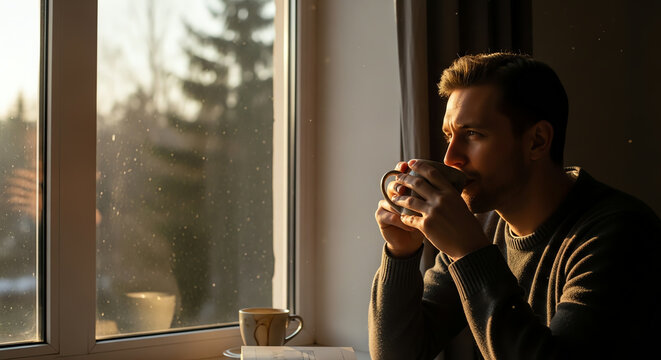 Man drinking coffee near window on a morning