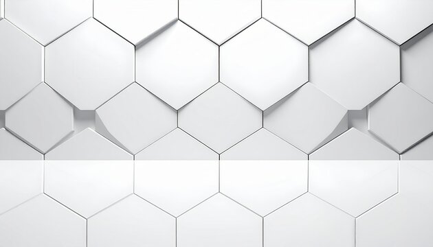 Moderne wei&szlig;e 3D-Hintergrundszene mit geometrischen Sechsecken und reflektierendem Boden f&uuml;r Produktpr&auml;sentationen in minimalistischem Design.