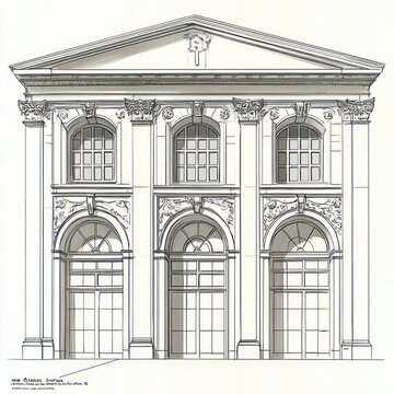 Symmetrical classical building fa&ccedil;ade with triangular pediment, three arched bays, tall fluted columns with ornate capitals and relief ornamentation, pen-and-ink elevation conveying grand elegance