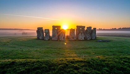Obraz premium Mystical Stone Circle Alignment with Golden Sunrise over Misty Green Fields.