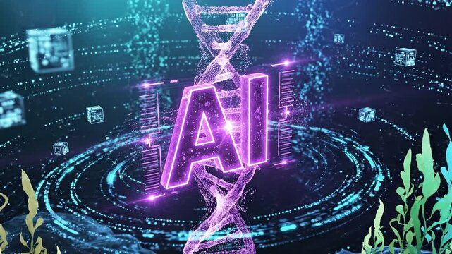 Glowing purple ai logo floating over digital dna helix and abstract cyber cubes 4k video