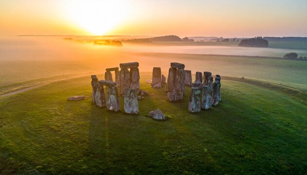 Breathtaking Cinematic Shot of Stonehenge-like Megaliths in Mist.