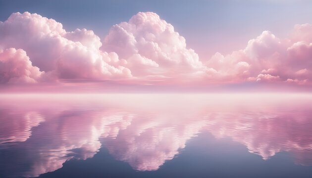 Traumhafte Landschaft mit flauschigen rosa Wolken, die sich perfekt in der spiegelglatten Wasseroberfl&auml;che unter einem sanften Himmel reflektieren.
