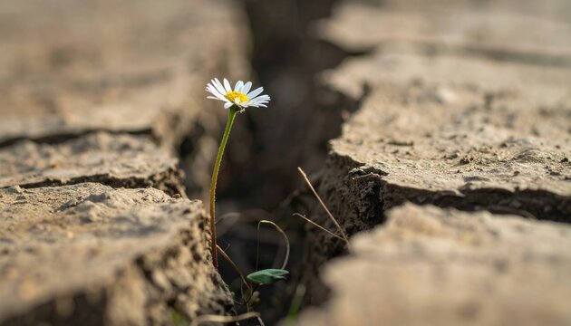 Eine zarte wei&szlig;e Blume w&auml;chst mutig aus einem tiefen Riss im ausgetrockneten, rissigen Boden als Symbol f&uuml;r Hoffnung und Widerstandskraft.