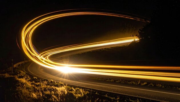 Caminos sinuosos iluminados por estelas doradas de veh&iacute;culos en movimiento, capturando la energ&iacute;a del viaje nocturno con larga exposici&oacute;n.
