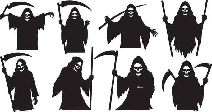 Eight stylized grim reaper silhouettes with varying poses and tools silhouette vector icon