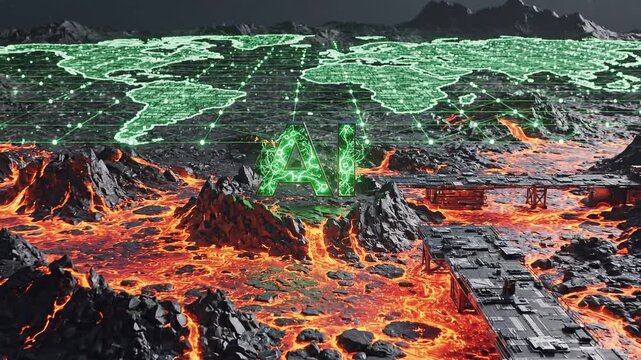 Glowing artificial intelligence logo over futuristic volcanic terrain landscape 4k video