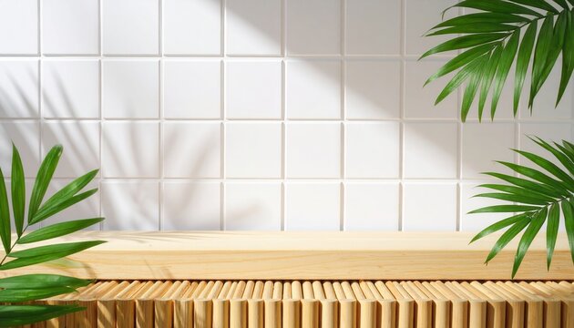 Podio de madera con fondo de azulejos blancos y sombras de hojas de palma, ideal para exhibir productos cosm&eacute;ticos o de cuidado natural.