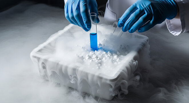 Scientist taking sample from dry ice container in laboratory
