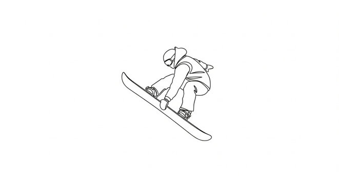 Dynamic illustration of a snowboarder mid-air, capturing the thrill and excitement of winter sports with clean, minimalist linework suitable for graphic design and action sports branding