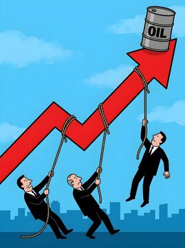 People in business suits struggle to pull a barrel of oil up a steep rising graph.