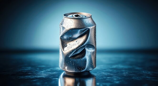 solitary chilled crushed aluminum can with water droplets on a reflective wet surface under cool blue studio lighting, evoking cold refreshment and a minimalist moody feel