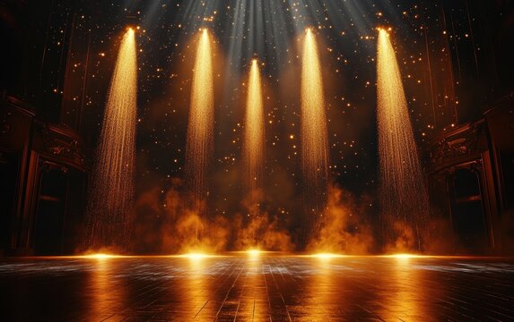 empty ornate theater stage bathed in five golden spotlight beams with falling sparkles and rising mist creating a dramatic magical atmosphere of anticipation