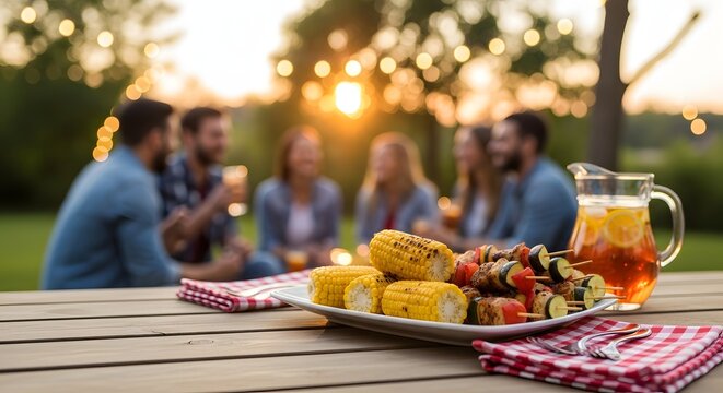 Back to school sunset gathering at wooden picnic buffet table with corncobs iced tea and cheerful friends outdoors wide view