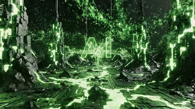 Glowing artificial intelligence logo in a futuristic digital landscape motion clip 4k video