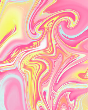 Abstract pink pastel liquid marble textured background with pink yellow fluid swirl texture
