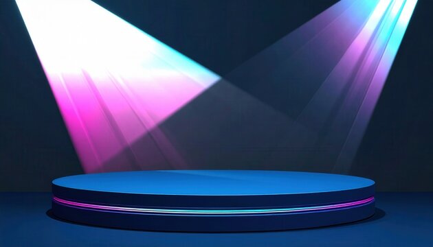 Escenario circular azul con luces de ne&oacute;n y focos brillantes, ideal para presentaciones de productos o eventos nocturnos.