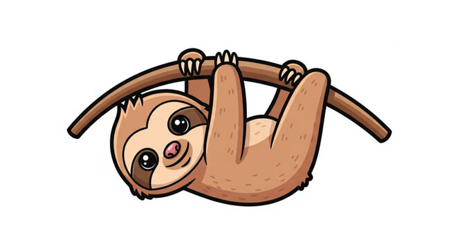 Cute cartoon sloth hanging from a tree branch.