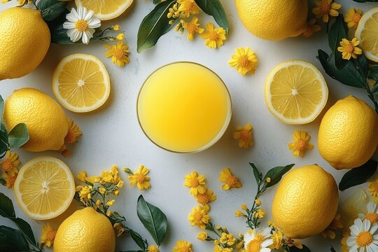 overhead flat-lay of a glass of bright lemon juice surrounded by whole lemons, halved lemons, green leaves and yellow and white flowers conveying fresh sunny cheerfulness