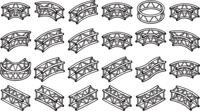 Industrial steel structures presented in an isometric display, arranged in a grid-like composition, showcasing their sturdy framework and design.