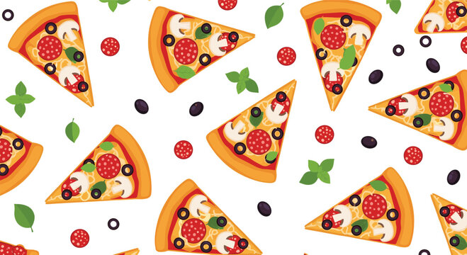 Seamless pizza pattern with pepperoni, olives, mushrooms and basil, delicious fast food background illustration for menu, packaging and textile design