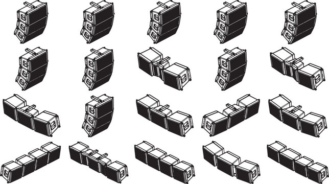 A collection of modular system components in a detailed, technical illustration.