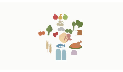 Fototapeta premium Healthy food groups circle diagram with fruits vegetables grains protein and dairy vector flat infographic set