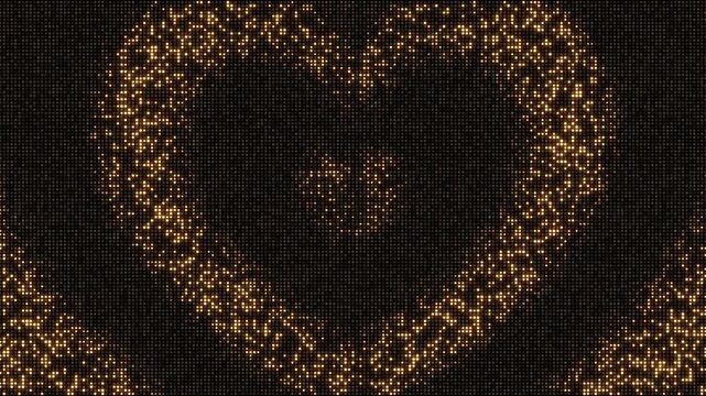 LED Heart Mosaic Glow cinematic digital display. romantic promos, Valentines visuals, or festive warm gold dots heart shimmering particle soft bloom produce cozy ambience modern pixel-art elegance. 3D