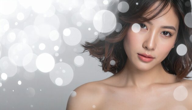 Portr&auml;t einer jungen asiatischen Frau mit makelloser Haut und dunklen Haaren vor einem glitzernden Bokeh-Hintergrund f&uuml;r Beauty-Werbung.