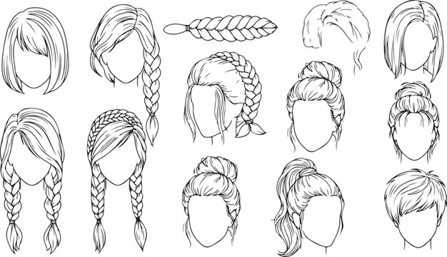 Diverse hairstyle sketches featuring braided and updo styles for different hair lengths vector icon