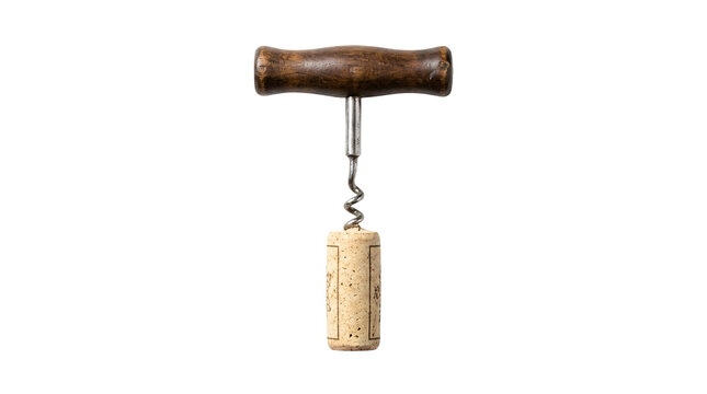 Wine corkscrew opener with wooden handle and metal spiral removing cork on transparent background