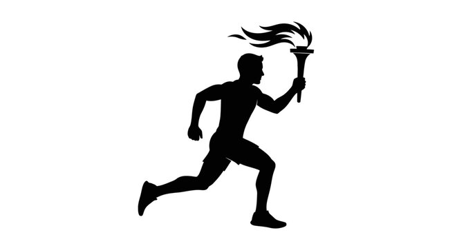 A runner fiercely carries a torch forward in dynamic silhouette