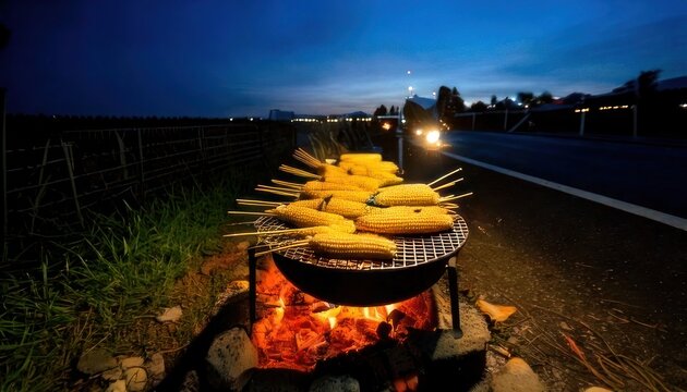 Grilled corn on a roadside campfire at night.