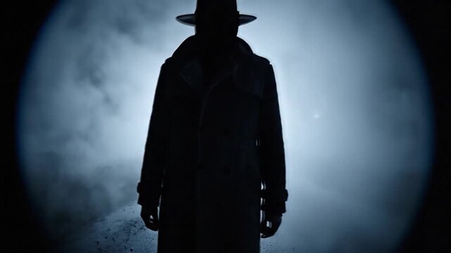 Mysterious Figure in Hat and Trench Coat Emerging from Fog.