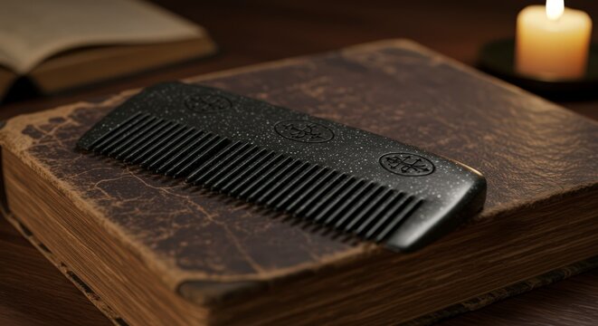 Vintage black comb on book.