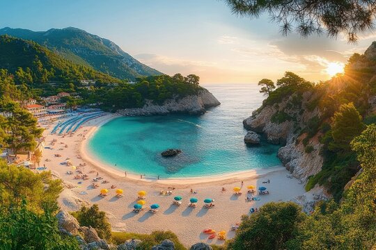 Sunlit crescent beach cove with turquoise water, colorful umbrellas and sunbathers, pine-covered rocky cliffs, a small seaside village and green mountains at golden sunset, tranquil and relaxed