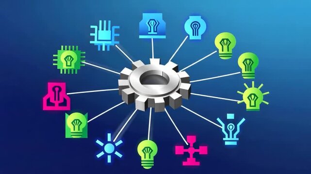 Colorful icons linked to central gear on blue background