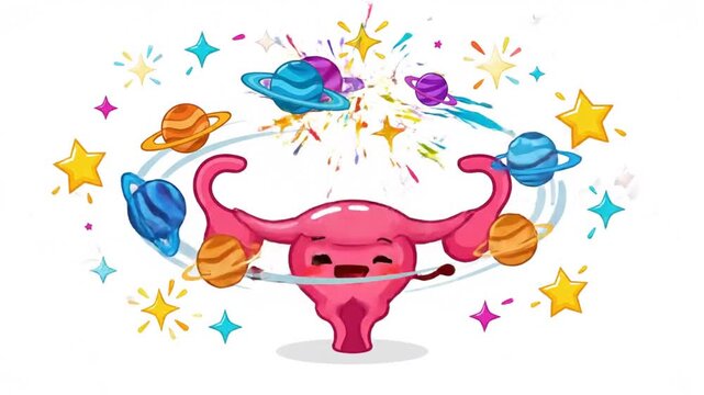 Cute pink uterus cartoon character with orbiting planets and stars